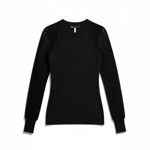 ME+EM Black Rib Knit Sweater Lace Sleeves Slim Fit Top Size Small crew neck